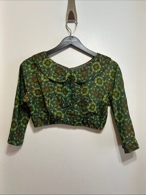 1950s Vintage Green Floral Cropped Top with Peter Pan Collar